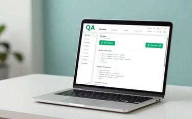 A high-end, sleek laptop on a clean white desk, displaying a sophisticated QA dashboard with green 'Success' indicators and clean lines of code. The image has a professional, airy feel with soft teal (#367C89) accents in the background lighting.