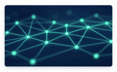 Abstract digital network visualization with nodes and connections, representing secure data flow. The style is sharp and technical, utilizing a dark blue (#1A202C) background with glowing teal (#367C89) lines and points.