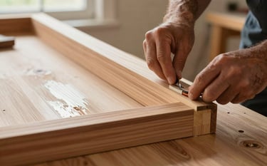 Photography of skilled carpentry work in a North American home renovation. Close-up of high-quality bespoke timber joinery being finished by a craftsman. Sharp focus, warm natural light, reflecting high-quality craftsmanship and professional reliability.