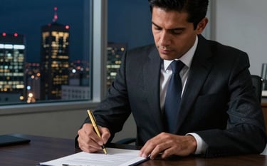 Close-up photography of a serious South American executive in a dark tailored suit signing a legal contract with a premium golden pen. The setting is a minimalist office in a skyscraper in Quito, Ecuador, with a night view of the financial district through the window. Lighting is dramatic, highlighting metallic and dark blue tones.