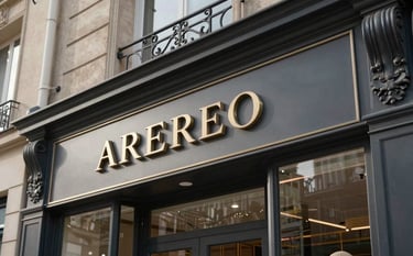 Photography of a modern and elegant storefront signage in a busy street of Paris. The design is sleek, featuring embossed metallic lettering and clean glass. Sharp architectural detail, professional lighting, daylight.