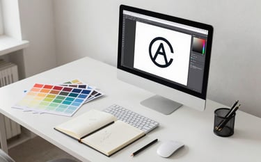 A high-angle professional shot of a designer's minimalist desk in a bright French creative studio. A computer screen displays a logo design, surrounded by Pantone swatches, a sketchbook, and high-end stationery. Clean, elegant atmosphere with soft natural lighting.