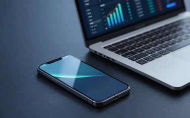A professional setup on a dark navy desk featuring a high-end smartphone and a slim laptop showing a blurred dashboard with growth indicators. The scene is lit with cool soft blue tones and deep navy shadows, reflecting a high-tech sales atmosphere.