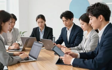 A collaborative team of professionals in a bright ice white office, working on tablets and laptops around a modern wooden table. Subtle deep navy and soft sky blue elements are visible in the background decor. The image is crisp and clean.