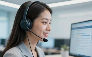 A close-up photograph of a professional woman wearing a sleek headset, smiling while looking at a computer screen. The office environment is modern with soft sky blue and ice white accents. The lighting is clean and bright, conveying a sense of efficient customer service.