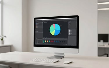 A high-end North American design studio interior with a minimalist aesthetic. A large desktop monitor displays a sophisticated vector graphic design. The surrounding space is clean, with off-white walls and light gray accents, reflecting a professional and artistic atmosphere.