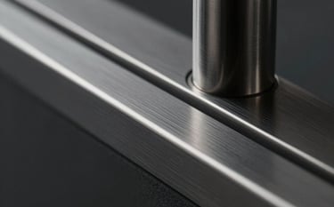 A close-up, high-detail shot of brushed dark steel and industrial hardware. Professional, cold, and structured lighting. Color palette focused on anthracite and deep metallic tones to reflect technical precision.