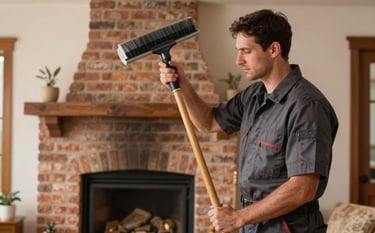 A professional technician in a clean dark gray uniform performing a chimney sweep in a cozy North American living room. The lighting is warm and natural. The background shows a well-maintained brick fireplace. High-quality photography, sharp focus, emphasizing reliability and cleanliness.