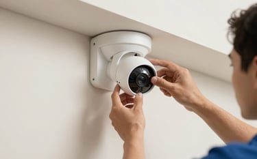 A close-up photograph of a technician's hands carefully adjusting a sleek white security camera mounted on a modern house wall. The lighting is bright and professional, with a palette of soft off-white and muted blue tones, conveying expertise and precision.