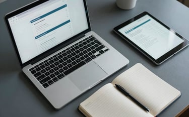 A top-down view of a tidy, modern desk featuring a laptop, a notebook, and a tablet. The screen shows a subscription management interface. The scene is lit with cool, natural light in gray-blue and soft off-white.