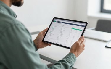 A lifestyle shot of a professional in a muted pine green shirt holding a thin tablet displaying data. The background is a blurred modern office in mist white. Natural daylight emphasizes a clean and efficient workspace.