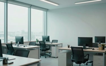 An eye-level shot of an organized minimalist office space. Large windows let in soft light, reflecting off surfaces in soft aqua and mist white. The atmosphere is professional and sophisticated.