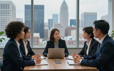 A group of professionals, reflecting a North American diverse workplace, engaged in a collaborative meeting. The atmosphere is empathetic and empowering. Large windows showing a North American city skyline in the background. Palette of dark blue and medium blue.
