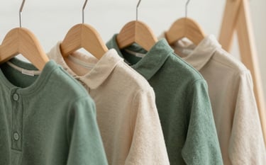 A close-up of high-quality, simple children's clothing hanging on a wooden rack. The garments are made of soft cotton in neutral beige and deep sage green tones. The setting is minimal and elegant, suggesting premium quality.