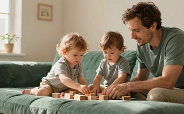 A lifestyle photograph of a parent and a toddler interacting over a set of wooden building blocks in a bright, sunlit room. The decor features soft beige walls and deep sage green textiles. The lighting is warm and natural, creating a premium and trustworthy atmosphere.