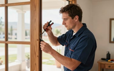 A professional handyman in a navy blue uniform performing precise repairs on a wooden door frame in a sunlit North American home in New Mexico. High-quality tools are visible, clean and organized composition, modern residential interior.