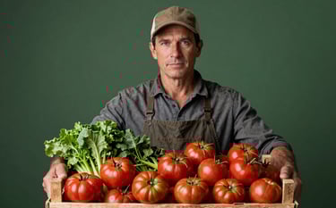 A medium photography shot of a North American farmer holding a wooden crate of Deep Ripe Crimson tomatoes and vibrant greens in a stylish, rustic food market. High-contrast lighting highlights the textures of the produce and the Matte Forest Green background.