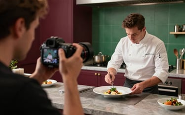 An over-the-shoulder shot of a filmmaker using a high-end camera to capture a chef plating a dish in a modern North American kitchen. The setting features Deep Ripe Crimson and Matte Forest Green accents, with soft, sophisticated lighting.