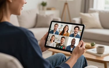A warm and inviting living room in a North American / US home. An adult is smiling while using a tablet for a group video call, showing several friendly faces on the screen. The scene is lit with warm, sophisticated tones, utilizing a background palette of Deep Navy and Soft Cloud White.