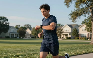 A person jogging through a peaceful North American / US residential park during a clear afternoon. They are glancing at a smartwatch to monitor their progress. The composition is dynamic yet calm, with colors like Deep Navy and Muted Steel in the athletic attire against a natural, clean backdrop.