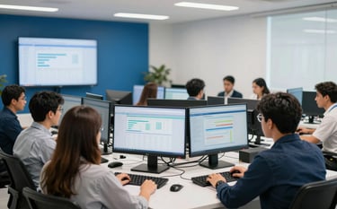 A group of Brazilian customer success agents working collaboratively in a brightly lit, professional high-tech center, large monitors showing data charts, clean blue and white interior design, focusing on a professional atmosphere.