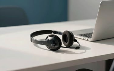 A clean and modern workstation in a South American office, featuring a high-quality professional headset resting on a white desk next to a sleek laptop, soft morning light, with accents of medium blue and off-white in the background.