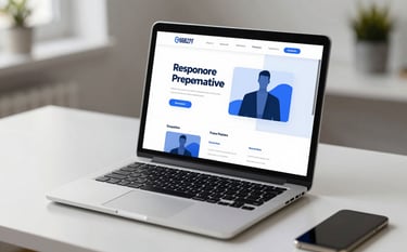 A minimalist and modern desk setup featuring a high-end laptop. The screen displays a professional, responsive website layout with clean typography and blue UI elements. The lighting is bright and natural, reflecting a professional and honest workspace. Subtle brand colors #66B2FF and #004C97 are visible in the digital design.