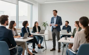 A professional training session in a modern Southern European office. A safety expert in a business casual outfit is explaining workplace safety protocols to a group of attentive professionals. The room is bright with large windows, featuring furniture in off-white and steel blue tones.