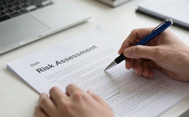 Close-up of a professional desk in an Italian corporate setting. On the surface, a detailed Risk Assessment Document (DVR) is being reviewed by hands holding a steel blue pen. The lighting is soft and natural, emphasizing a sense of meticulous compliance.