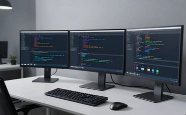 A sleek, modern workstation in a US technology hub featuring multiple monitors displaying clean, sophisticated code. The lighting is crisp and cool, highlighting high-quality peripherals on a minimalist desk, reflecting a mood of reliable expertise.