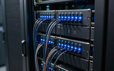 A close-up photograph of advanced hardware in a high-tech data center located in North America. The scene features glowing blue indicator lights and organized cabling, conveying a sense of cutting-edge data processing and secure technology systems.