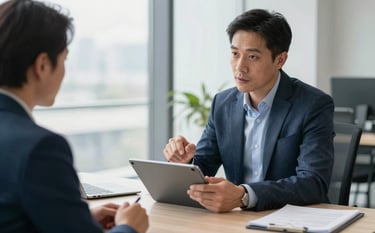 A high-end North American office setting with a technology consultant discussing strategy over a tablet with a client. The atmosphere is professional and innovative, featuring a desk with a clean aesthetic and soft natural light. Muted blue and off-white tones dominate the scene.