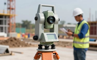 Close-up of a high-tech electronic total station surveyor tool on a tripod at a Southeast Asian development site. In the blurred background, a surveyor in a safety vest works under the bright sun. The scene uses colors like Slate Grey and Navy Blue for a technical feel.