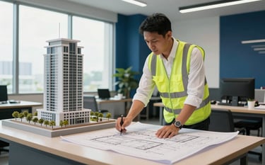 A professional architectural studio in Indonesia. A Southeast Asian architect in a white shirt and safety vest is reviewing detailed blueprints on a large desk with a modern high-rise building scale model. The room has large windows with soft daylight and Navy Blue accents. Professional, precise technical atmosphere.