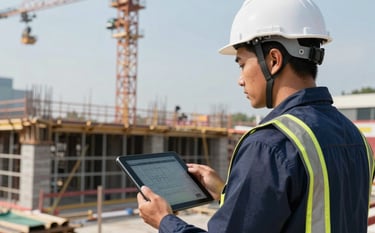 A Southeast Asian civil engineer wearing a white hardhat and a Navy Blue safety vest at a construction site in Jakarta. He is holding a digital tablet displaying a project timeline. The construction frame is visible in the background under clear daylight. Focus on technical integrity and precision.