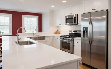 A high-end, clutter-free kitchen in a Bucks County, Pennsylvania residence. The shot captures the entire room, showing sparkling white countertops and perfectly clean stainless steel appliances. The lighting is bright and airy, emphasizing a masterfully cleaned environment. There are no dishes or debris, only a sense of paramount service and order. Accents of Candy Apple Red are visible in the background.