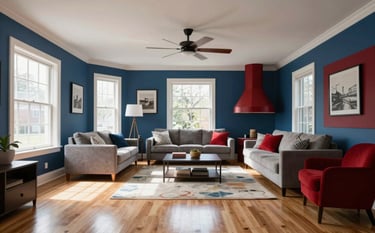 A wide-angle interior photograph of a sun-drenched, clutter-free living room in a Bucks County, Pennsylvania home. The style is modern and sophisticated with soft Royal Blue and Candy Apple Red accents in the decor. Every surface is polished and immaculate, reflecting professional lighting. The room is spacious and showcases meticulous cleaning craftsmanship.