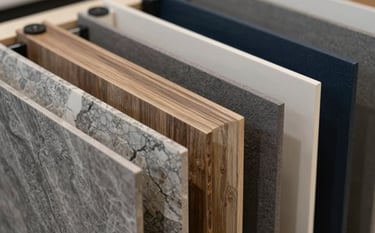 A close-up, sharp-focus photograph of elegant designer laminate sheets with various textures like marble, wood grain, and matte suede. Displayed in a luxury interior design studio in India. The color palette features Steel Gray and Dark Navy, reflecting a premium business mood.
