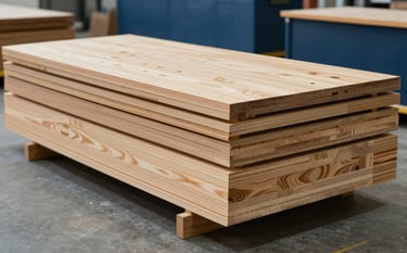 A professional, high-end photography shot of stacked premium plywood sheets in a clean, modern warehouse showroom in Bhopal. The lighting is crisp and sophisticated, highlighting the wood grain and high-quality finish. South Asian / Indian setting, with Muted Blue and Dark Navy accents in the background.