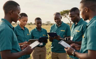 A field research scene featuring a diverse scientific team working in a warm, outdoor setting in Africa. They are holding navy tablets and professional equipment, engaging compassionately with a local community leader. Soft morning light, deep teal and gold accents in their clothing.