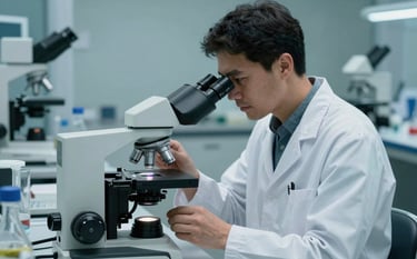 A professional scientific environment in deep teal tones. A researcher in a crisp white lab coat examines clinical samples under a high-precision microscope. The atmosphere is sophisticated and research-driven, with soft focus on medical equipment in the background.