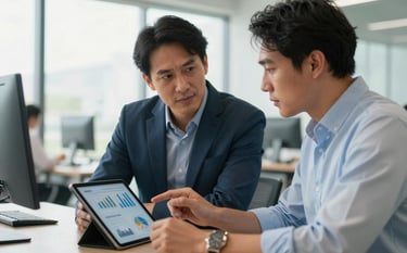 Two South American professionals in an inspiring, modern office discussing a plan on a digital tablet, looking at charts showing progress, medium blue and white professional tones, natural light.