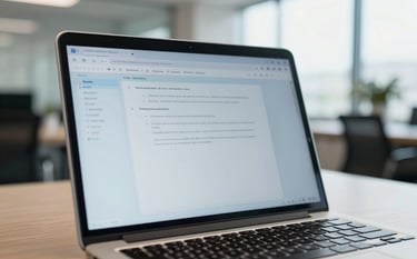 Photography of a modern South American office, focusing on a laptop screen showing a clean, professional document, bright natural light, using colors like light blue and white to evoke growth and order.