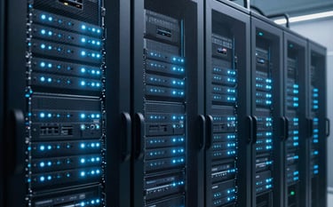 A secure, high-tech data center environment in the British / UK, showing rows of server racks with soft Ice Mist Blue LED indicators, symbolizing modern efficiency and security. Stylized with Deep Space Navy tones.