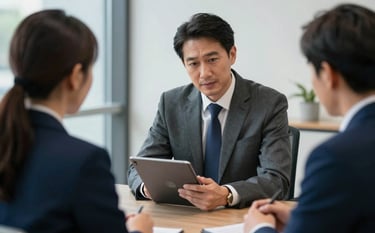 A high-end British / UK corporate consultation room where an expert is reviewing secure digital evidence on a tablet for a client. The setting conveys authority and trust, featuring materials in Slate Charcoal and Muted Denim Blue.