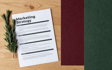 A top-down workspace shot on a light oak desk. A marketing strategy document sits next to a sprig of fresh rosemary and a mood board featuring textures of deep ripe crimson and matte forest green. Elegant and focused.