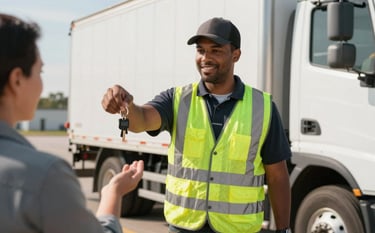 An action-oriented photography piece showing a professional North American service worker in a high-visibility vest standing next to a truck, handing a set of keys to a customer on a sunny morning in a DFW equipment yard. The mood is friendly and efficient.
