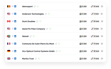 List of companies with country flags, LinkedIn links, company size, and number of tracked technologi