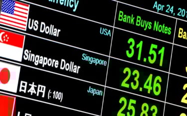 Digital foreign exchange rate board displaying US Dollar and Singapore Dollar bank buy prices.