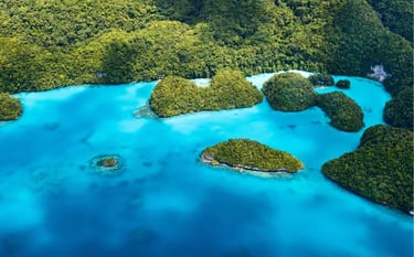 Aerial view of lush green tropical islands in the turquoise blue waters of Palau's Rock Islands.